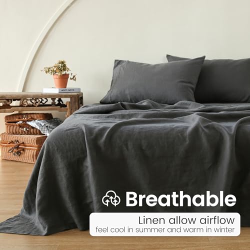 100% French Linen Pillowcases with Embroidery - Pack of 2 - Washed Solid Color Natural Flax Soft Breathable - Dark Grey, 20'' x 30'' - color: Dark Grey, size: 20''x30'' - Embroidery