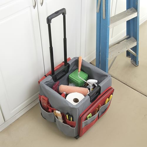 Folding Mobile Utility Cart, Canvas Organizer Bag, Red/Grey - color: Red/Grey