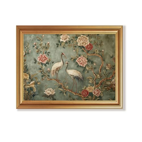 Wojuin Oriental Vintage Crane and Peony Framed Canvas Wall Art 8x10 inches - color: Garden, size: 10"L x 8"W