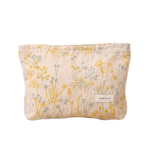 RANIT Chic Plant Embroidery Canvas Cosmetic Bag - Ramie Linen Handheld Travel Toiletry Organizer (Beige, Large) - color: Beige, size: Large