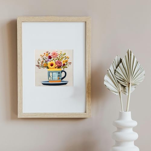 FONNUY Floral Embroidery Kit for Beginners, Colorful Flowers Pre-Stamped Pattern Kits for Adults with Hoop, Thread Needlework, 8'' Hoop (Cup) - color: Cup