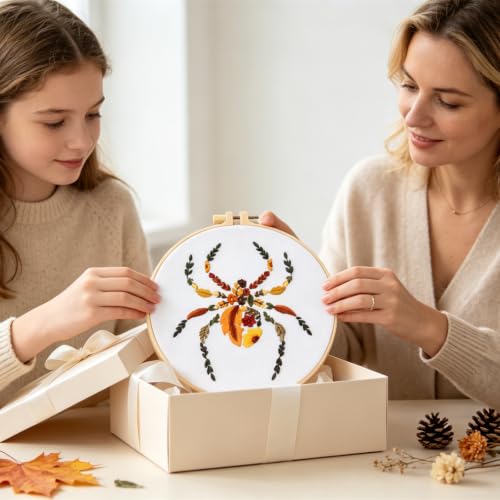Fall Spider Embroidery Kits for Beginners Adults, Autumn Halloween Embroidery Starters Kits, Stamped Cross Stitch Kits Needlepoint Kits for Beginners Adults, Embroidery Hoop, Thread and Video Tutorial - color: H2128