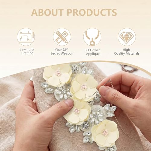 Handmade 3D Flower Embroidery Applique Rhinestone Lace Patches, Beige, 1 PC - color: Beige
