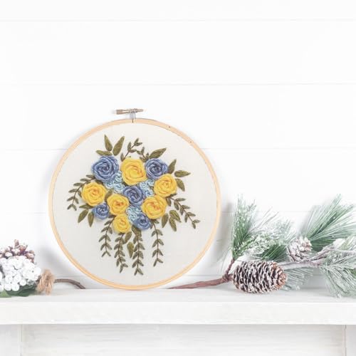LEISURE ARTS Embroidery Kit 6" Yellow & Blue Flowers - Embroidery Kit for Beginners and Adults, Cross Stitch Kits with Patterns, DIY Starter Set for Seasonal Craft Projects