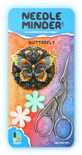 Awesome Pattern Studio Needle Minder Set – Butterfly Magnetic Needle Minder + 2 Needle Threaders + Crane Scissors. Enamel Pin for Cross Stitch, Embroidery and Craft - size: Butterfly Set #2