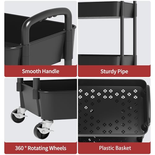 Sywhitta 4-Tier Plastic Rolling Utility Cart with Handle, Multi-Functional Storage Trolley for Office, Living Room, Kitchen, Movable Storage Organizer with Wheels, Black (Pack of 2) - color: Black, size: 4-tier (Pack of 2)