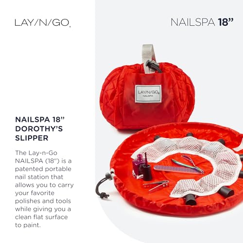 Lay-n-Go NailSpa Drawstring Cosmetic Bag - Portable Nail Supplies Organizer Bag w/ 8 Elastic Mesh Pockets & Circular Center - Durable, Machine Washable Nail Kit Organizer (18", Red) - color: Dorothy's Slipper (Red)