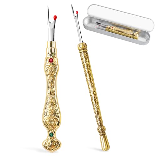 2Pcs Vintage Seam Rippers, Metal Stitch Remover Set, European Carved Handle Stitch Ripper, Sharp Durable Handy Crafting Removing Threads Tools for Needlework, Leatherwork (Gold AB) - color: Gold AB