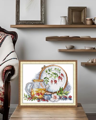 CaptainCrafts Cross Stitch Kits for Adults Stamped 11CT Tea Pattern - color: Cross Stitch and Afternoon Tea in Winter, style: Stamped 11CT