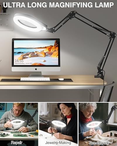 Magnifying Glass with Light, 10X/5X Lens, Dimmable, Swing Arm, White - color: White