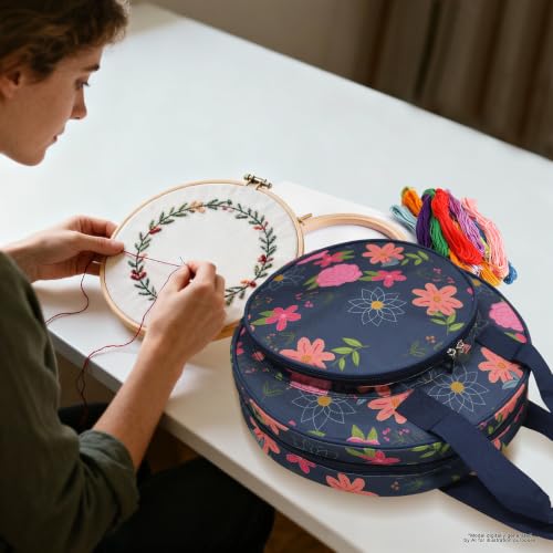 Round Embroidery Project Bag, Tote for Hoops, Floss&Sewing Supplies - color: Blue Floral