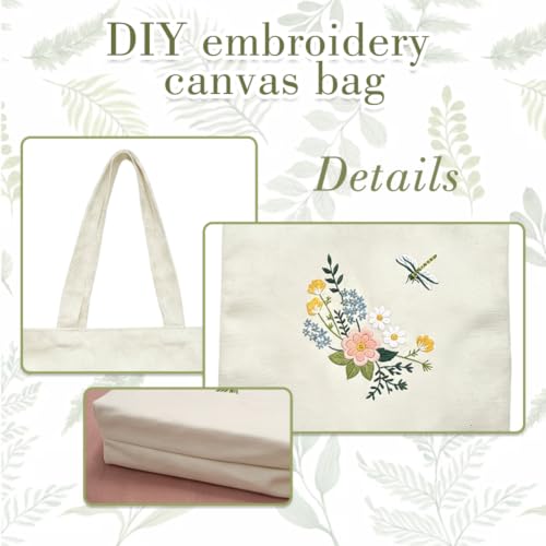 KABAKE Canvas Tote Bag Embroidery Kit, Embroidery Kits for Beginners, Arts and DIY Crafts Embroidery Starter kit, Include Stamped Embroidery Bag, Threads, Embroidery Tools (Beige Bag with Dragonfly) - color: Beige Bag with Dragonfly