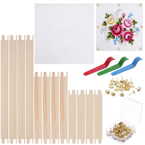 Needlepoint Stretcher Bars Kit - 12-Piece Wooden Frame Set with 100 Tacks, 50x50cm Canvas & Pry Tools for Cross Stitch, Embroidery & Craft Projects (3 Sizes: 6, 8, 12 Inch)
