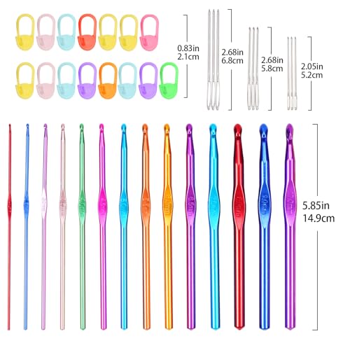 Coloured Crochet Hooks, 37 PCS Crochet Hook Set, High Quality Crochet Needles for Arthritic Hands, with Large-Eye Blunt Needles and Stitch Markers