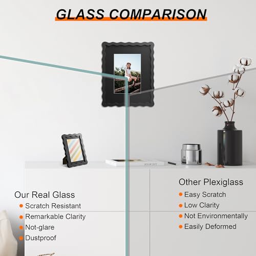 11x14 Picture Frame with Mat for 8x10, Wavy Edge Wooden Real Glass Photo Frame for Wall Hanging, Black, 1 Pack - color: Black, size: 11x14 in