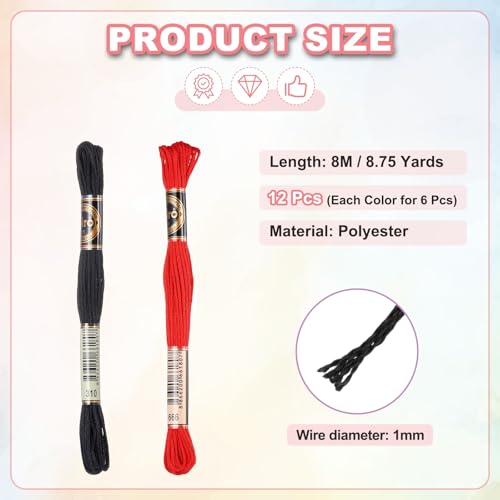PATIKIL 12 Skeins Embroidery Floss Polyester Embroidery Threads Black/Red - color: Black/Red