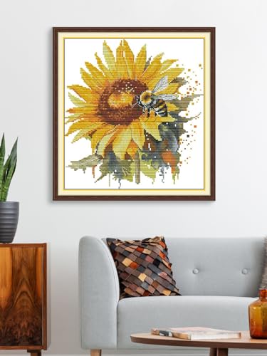 Aiorkeng Cross Stitch Kits Stamped Full Range of Embroidery Starter Kits for Adults Beginners DIY Needlepoint Kit 11CT 3 Strands -Printed kit Sunflowers and Bees(Printed) 14.2×15 inches - color: Sunflowers and Bees36×38CM