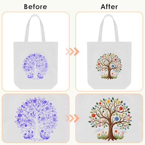 ERKOON Embroidery Canvas Tote Bag for Beginners, Needlepoint Arts Crafts Cross Stitch Kits for Adults Including Stamped Embroidery Bag with Hoops, Needle, Instruction and Color Threads (Tree) - color: Tree