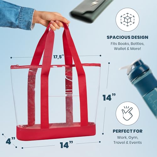Handy Laundry Clear Tote Bag - Zipper Closure, Long Shoulder Strap, Fabric Trimming. - color: Red