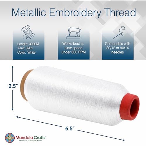 Mandala Crafts Metallic White Embroidery Floss for Sewing, 3281 Yard Spool - color: White, size: 3000M 3281 Yard