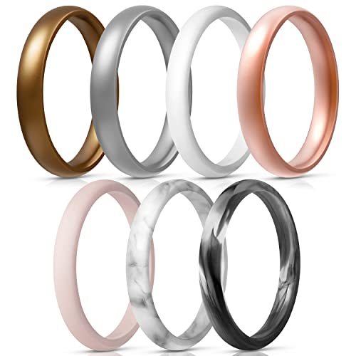 Egnaro Women's Silicone Wedding Ring 2.5mm Wide 1.8mm Thick Rubber Band Set - color: 4-Bronze,White,Silver,Light Pink,Marble,Rose Gold,Black Glamour