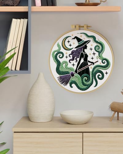 ERKOON Embroidery Kit for Beginners Adult, Cross Stitch Set Include Embroidery Cloth Hoops Threads for Craft Lover Hand Stitch with Embroidery Skill Techniques (Black Witch) - color: Black Witch