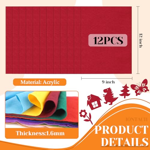 IONTACH 9" X 12" Felt Fabric Sheets 1.6mm Thick (12 Packs, Red) - color: Red