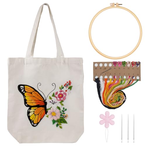 Louise Maelys Embroidery Kit Canvas Tote Bag for Beginners with Butterfly - color: butterfly flower