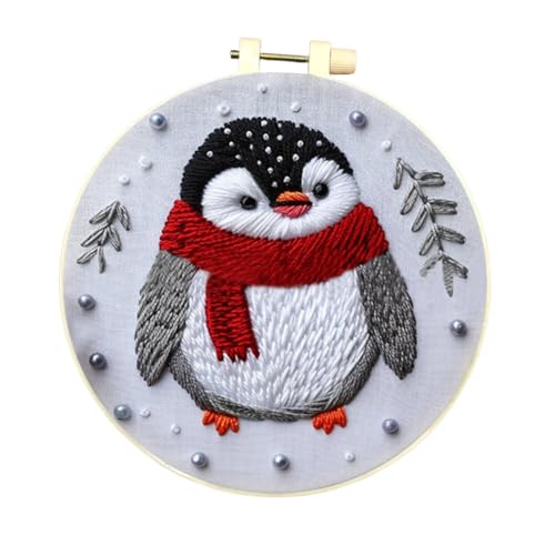 Christmas Embroidery Kit DIY Hand Embroidery Starter Cross Stitch Kits, Christmas Ornaments Embroidery with Stamped Pattern,Cotton,Threads,Needles,Instructions for Adults Beginners (Penguin) - color: Penguin