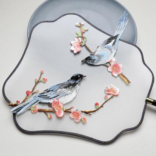 Iron/Sew on Applique Repair Patches, Blue Bird on Plum Branch Patch - color: Blue Bird on Plum Branch