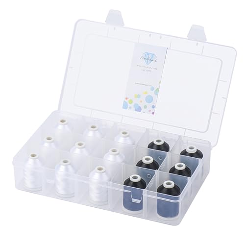 [Box-Upgraded] Machine Embroidery Thread 1000M 9*White 001 + 6*Black 900, with Storage Box Polyester 15 Spools Set for Embroidery Quilting Machine - color: 9White+6Black
