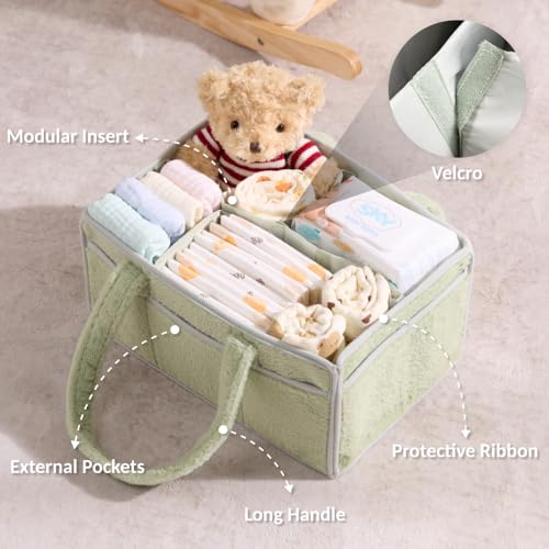 luxury little Soft Baby Diaper Caddy Organizer, Nursery Storage Basket with Removable Divider, Portable Baby Diapers Basket, Gifts for New Parent, Baby Shower (Green) - color: Green