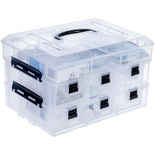 MyGift 11 Inch Clear Plastic Storage Box Container, Arts and Crafts Sewing Supplies Organizer Case with Black Accents, 24 Customizable Compartments, and 6 Drawers with Removable Dividers - color: Black