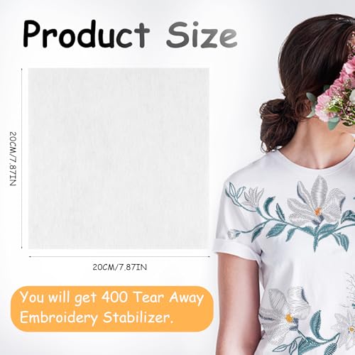 400 Pcs Tear Away Embroidery Stabilizer 8x8 Inch Embroidery Backing 2.5 oz Tearaway Stabilizers for Embroidery Fit 4x4 Hoops Fabric Embroidery Precut Sheets for Machine Embroidery and Hand Sewing