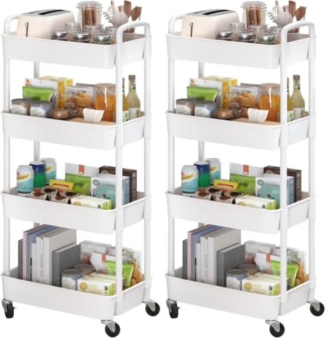 Sywhitta 4-Tier Plastic Rolling Utility Cart with Handle, Multi-Functional Storage Trolley for Office, Living Room, Kitchen, Movable Storage Organizer with Wheels, White (Pack of 2) - color: White, size: 4-tier (Pack of 2)