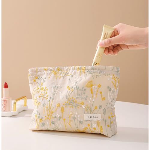 RANIT Chic Plant Embroidery Canvas Cosmetic Bag - Ramie Linen Handheld Travel Toiletry Organizer (Beige, Large) - color: Beige, size: Large