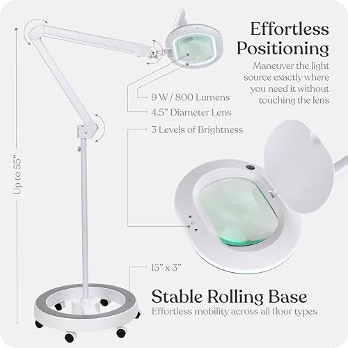 Brightech LightView Pro Magnifying Glass with Stand and Light – Magnifying Floor Lamp with 6-Wheels on a Sturdy Base for Facials – LED Work Light with XL Magnifier Glass for Crafts and Projects