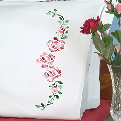 Jack Dempsey Needle Art Cross Stitch Rose Vine Embroidery Pillowcases, 20 inch x 30 inch, white