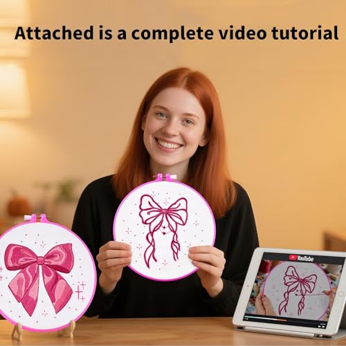 2 Sets Pink Hand Embroidery Kits for Beginners Adults, Cute Bow Embroidery Starter Kits, Cross Stitch Kits for Beginner Needlepoint DIY Kits for Adult, 2 Set Embroidery Hoops, Thread & Video Tutorial - color: Pink