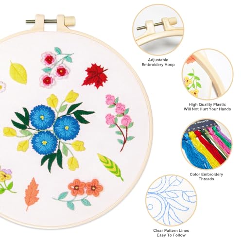 BREENHILL Embroidery Kit for Beginners, 5 Sets with Practice Kit, White Fabric, Tutorial Instructions, Art Craft Kit for Adults & Kids