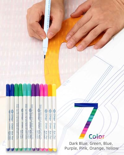 Jauisus 12Pcs Disappearing Ink Fabric Pens, 7 Colors - Dark Blue, Green, Blue, Purple, Pink, Orange, Yellow - Water Soluble Embroidery Pen for Fabric, Sewing, DIY Crafts