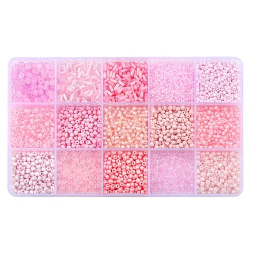 15 Grid Pink Glass Seed Bugle Tube Beads Kit for Jewelry Making DIY Craft - color: Pink, size: 15 Grid