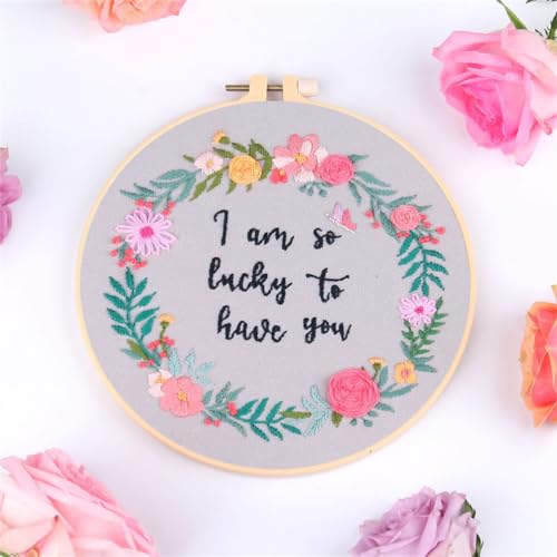 Meecaa Love Flower Embroidery Kit Starter Set, Hand Embroidery Set,Pattern Printed Cross Stitch Set for Beginner Adults, with Embroidery Hoop and Instructions (Love) - color: Love