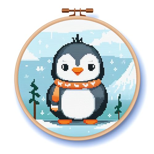 Cartoon Simple Penguin 11CT Stamped Cross Stitch Kits Easy for Beginners Child with Hoop DIY Needlepoint Counted Embroidery Kits Art Craft Wall Decor 12x12IN(5)
