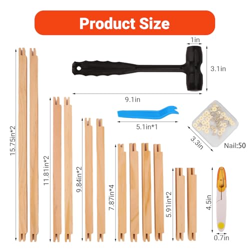 HAPPYER Needlepoint Stretcher Bars Set, 12 PCS Wooden Canvas Stretcher Bars Kit with Tacks, Hammer & Scissors, Needlework Embroidery Stitch Frame Supplies for Canvas Framing Crafts - color: Wood Grain