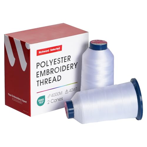 Poolin Embroidery Thread, Huge Spool Richword Selected 2 Rolls White 4000M(4374Y) 40WT Polyester Thread for All Embroidery Machines - color: 2 White
