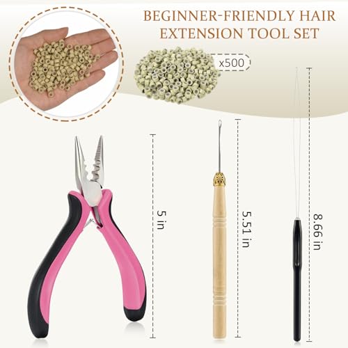 JIAMEISI Hair Extension Tool Kit, 500 Micro Rings Beige - color: Beige