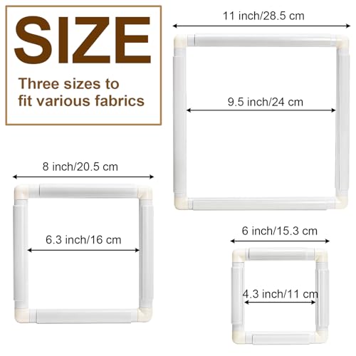 Tosnail 3 Pack Square Embroidery Hoop, 6", 8", 11" Cross Stitch Hoops and Frames, Plastic Quilting Snap Frame, Needlework Tools Accessories for Crafts, Hand Quilting, Painting Canvas