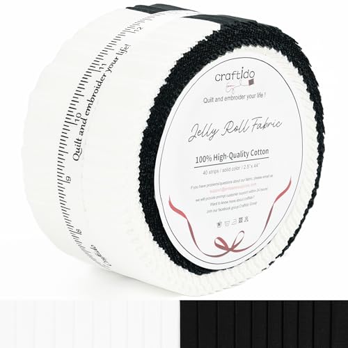 Craftido-20 Options-100% Cotton Jelly Roll Fabric Precut Strips for Quilting, Crafting, and Sewing, 40 Strips 2.5" x 44" Assorted Bundles for Rugs, Quilts, DIY Crafts and Home Decor-20 White+20 Black - color: 20 White+20 Black