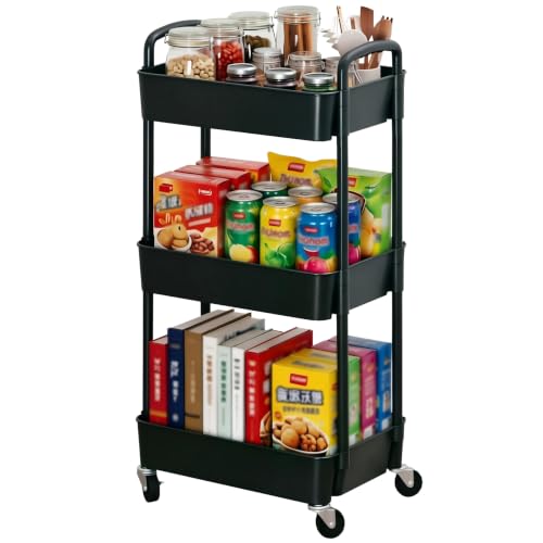 Sywhitta 3-Tier Plastic Rolling Utility Cart with Wheels for Storage,Black - color: Black, size: 3-tier